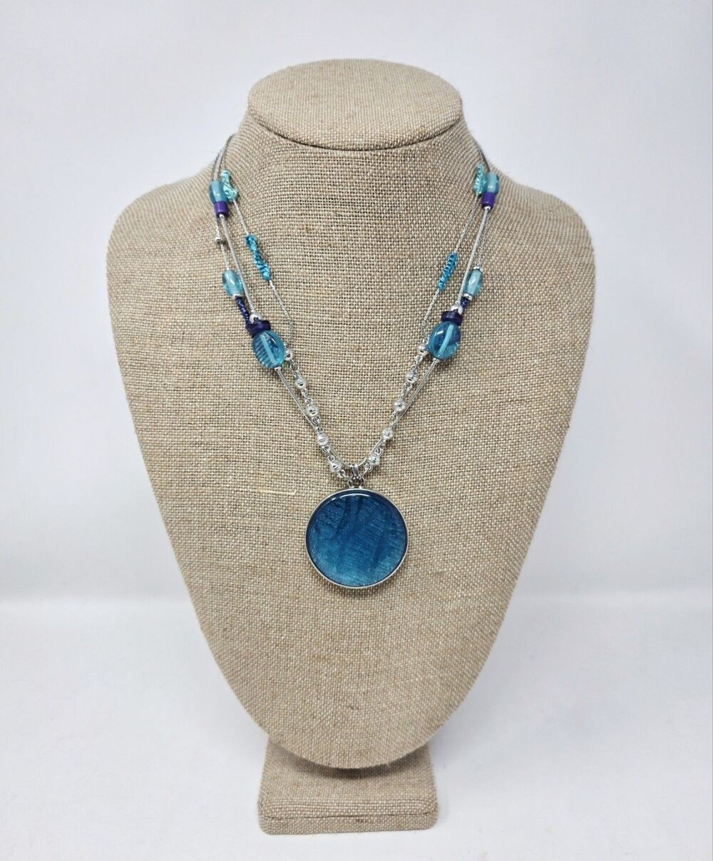 Chico's Chic 2" Teal Glass Pendant Statement Necklace 18"/22" Beaded Silver Tone